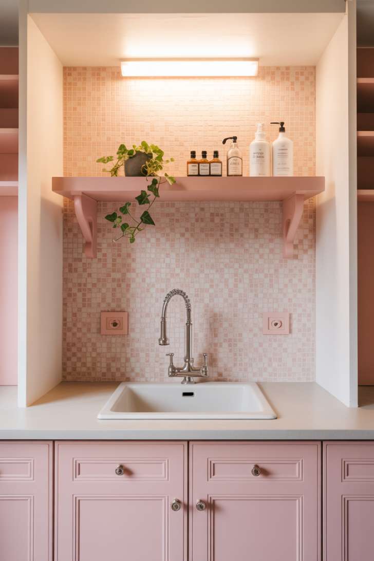 10 Beautiful Pink Laundry Room Ideas for a Stylish Home 6 Pink mosaic tile backsplash in a laundry room with blush shaker cabinets and polished nickel faucet