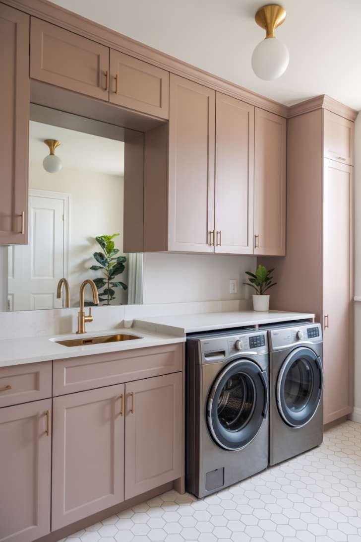 10 Beautiful Pink Laundry Room Ideas for a Stylish Home 7 Modern dusty pink laundry room with flat-front cabinets, brushed gold hardware, and pendant lighting