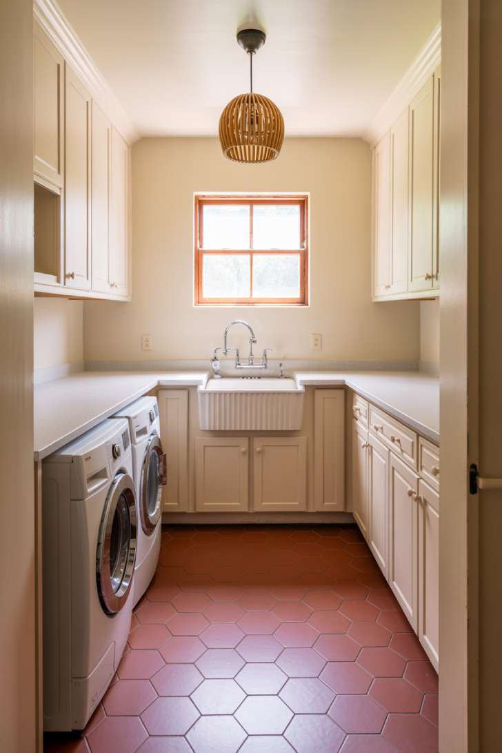 10 Beautiful Pink Laundry Room Ideas for a Stylish Home 8 Pink terracotta hexagon floor tiles in a laundry room with white shaker cabinets and apron sink