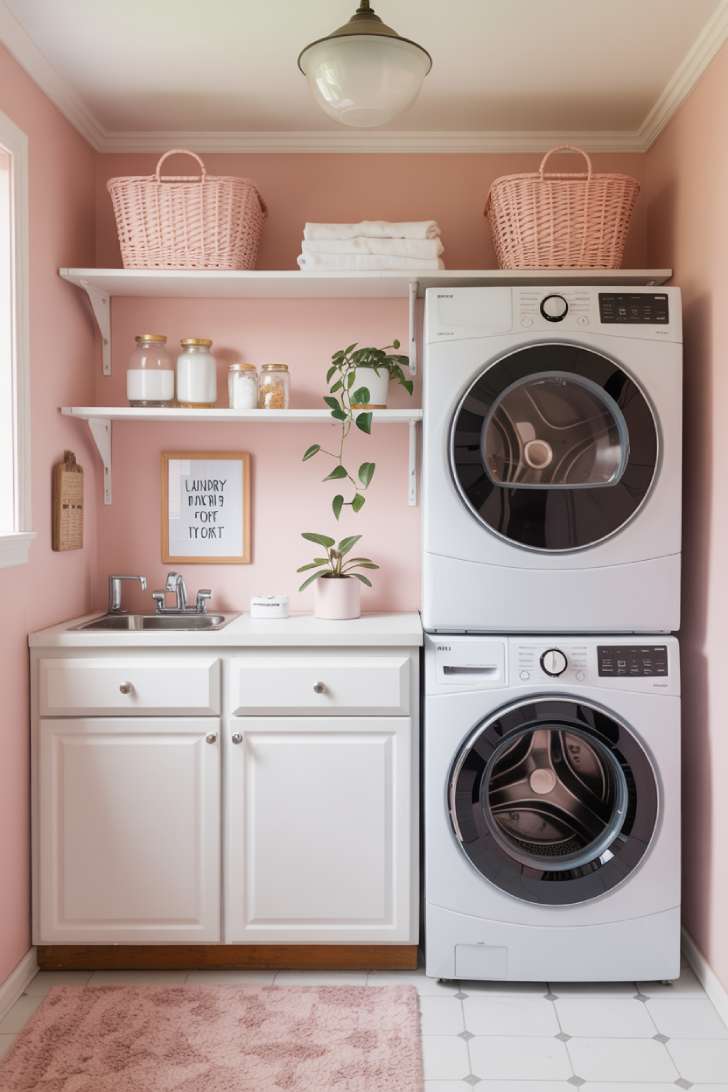 10 Beautiful Pink Laundry Room Ideas for a Stylish Home 9 Budget-friendly small pink laundry room with blush painted walls, pink baskets, and pothos plant