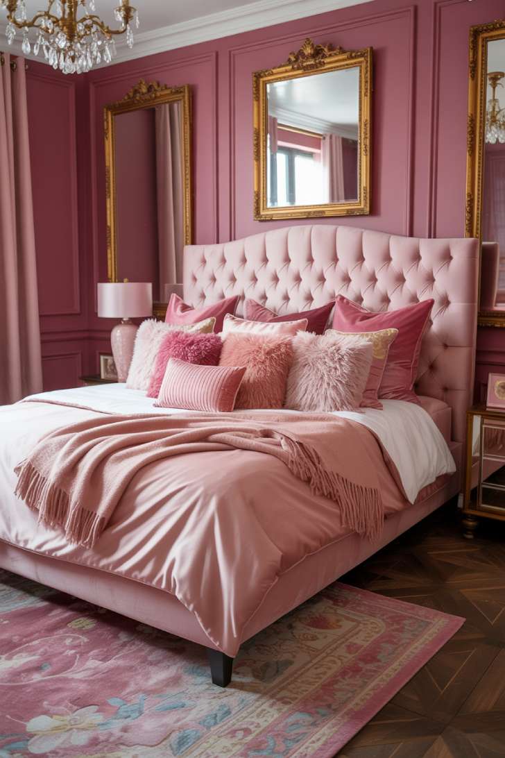 Blush pink tufted velvet headboard with layered pillows and crystal chandelier in a maximalist bedroom