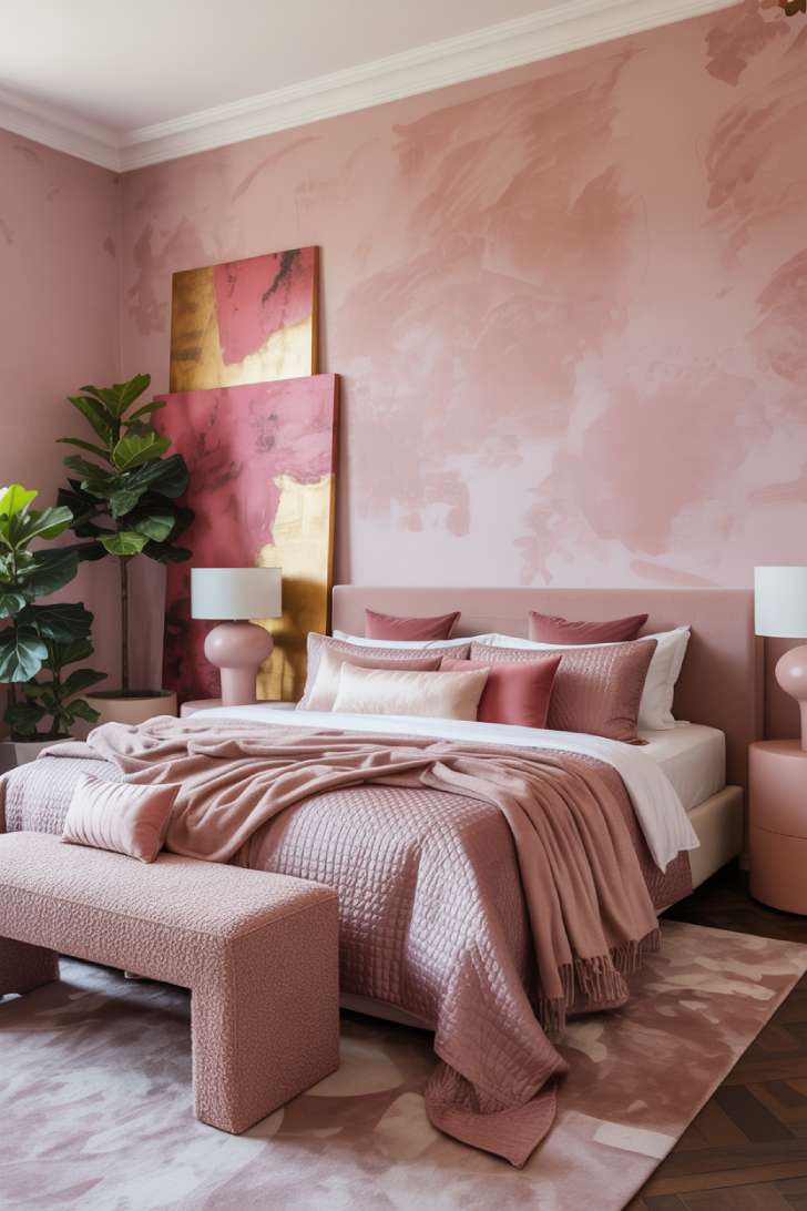 Sophisticated pink maximalist bedroom with limewash walls, boucle headboard, abstract art canvases, and large indoor plants