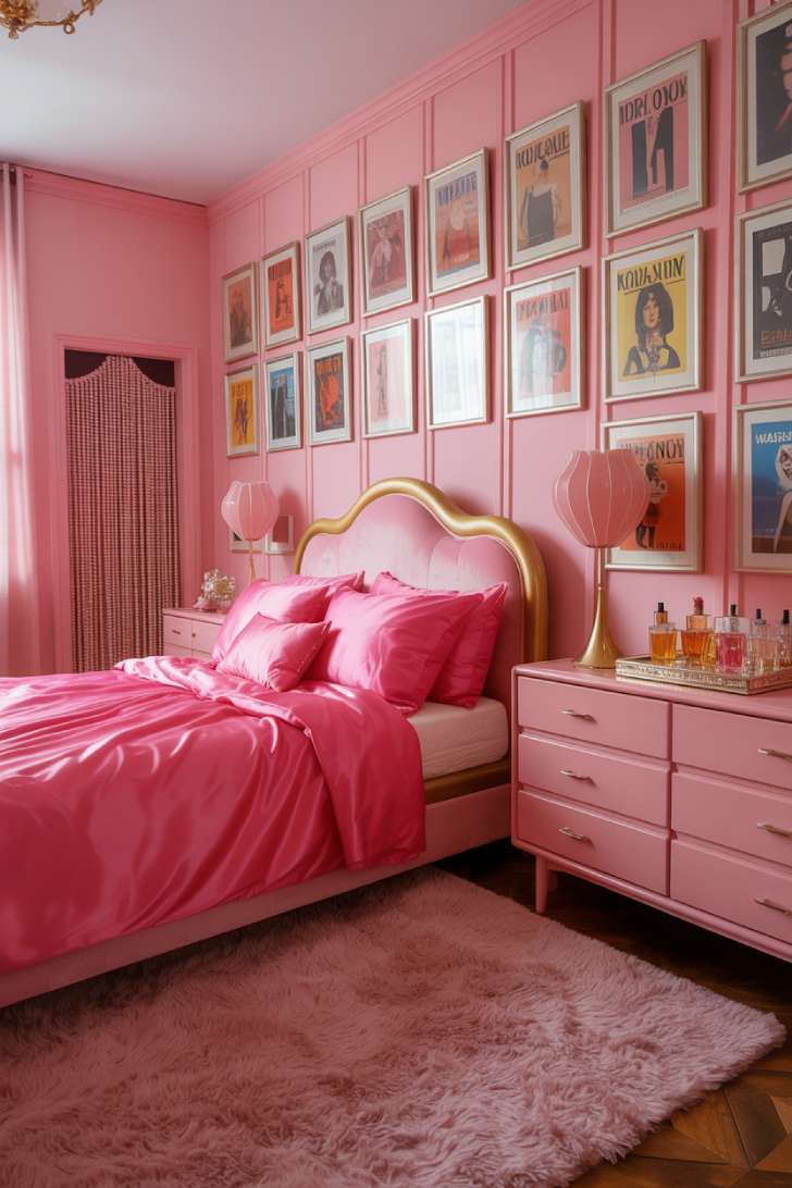 Retro pink maximalist bedroom with bubblegum paneled walls, Hollywood Regency curved bed, vintage dresser, and shaggy rug