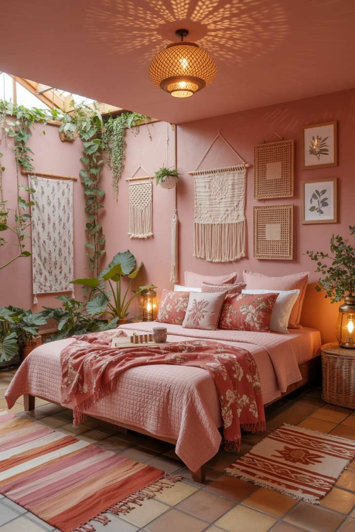 Boho pink maximalist bedroom with terracotta pink walls, woven tapestries, hanging plants, Moroccan lantern, and kilim rugs