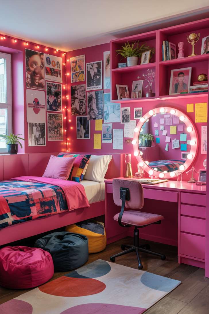 Bold fuchsia pink maximalist bedroom for teens with poster collage wall, loft bed, LED vanity mirror, and colorful floor cushions