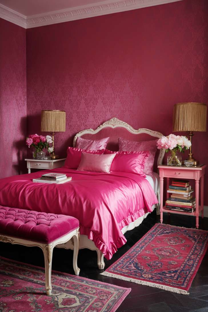 Bold pink maximalist bedroom with raspberry damask wallpaper, ornate white bed frame, and mismatched nightstands