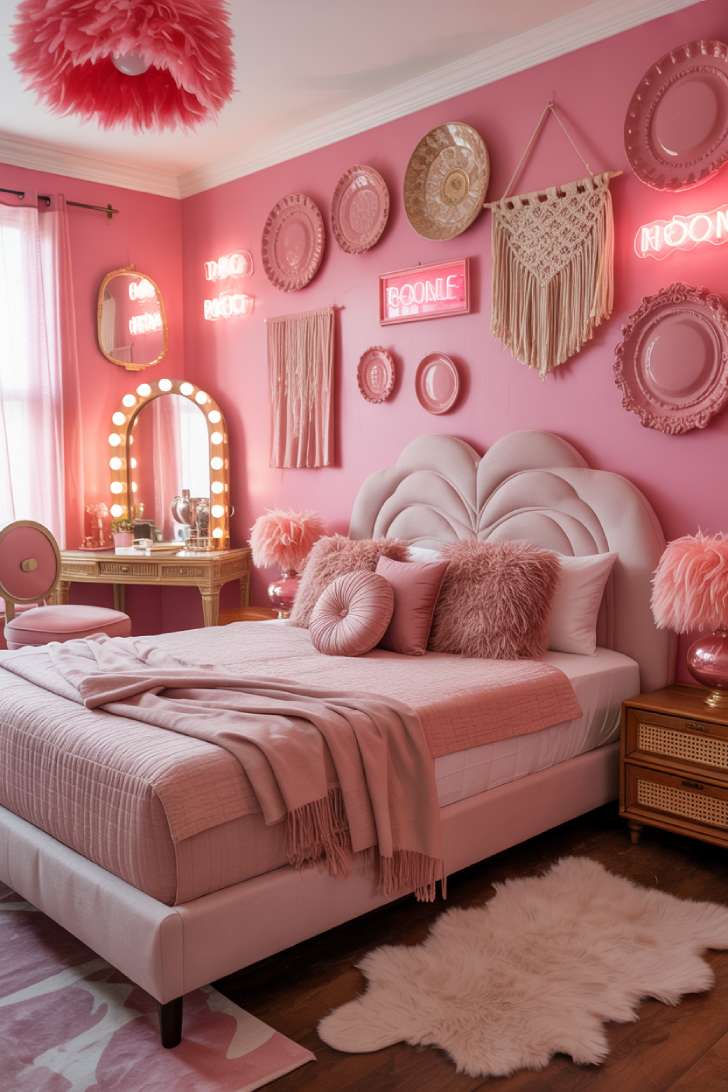 Bright pink maximalist bedroom with neon sign, rattan vanity, Hollywood mirror, and faux fur rug