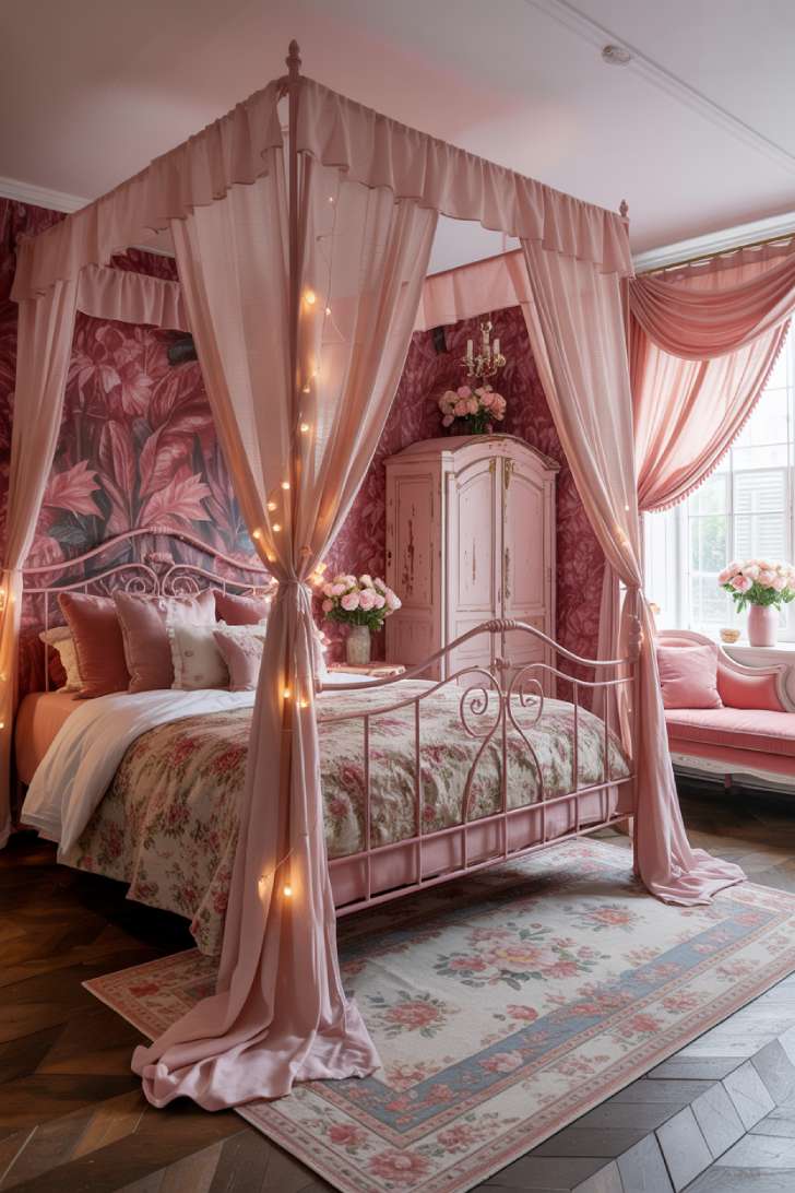 Romantic pink maximalist bedroom with iron canopy bed, tulle draping, tropical wallpaper, and chaise lounge