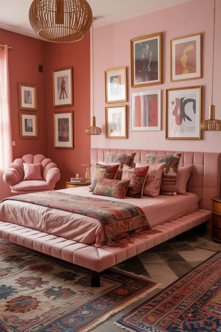 Eclectic pink maximalist bedroom with terracotta and pink color-blocked walls, platform bed, and patterned pillows