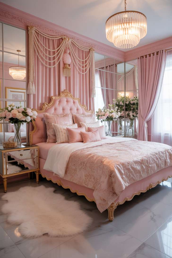 Glamorous pink maximalist bedroom with mirror-paneled walls, ceiling-height headboard, crystal chandelier, and faux fur rug