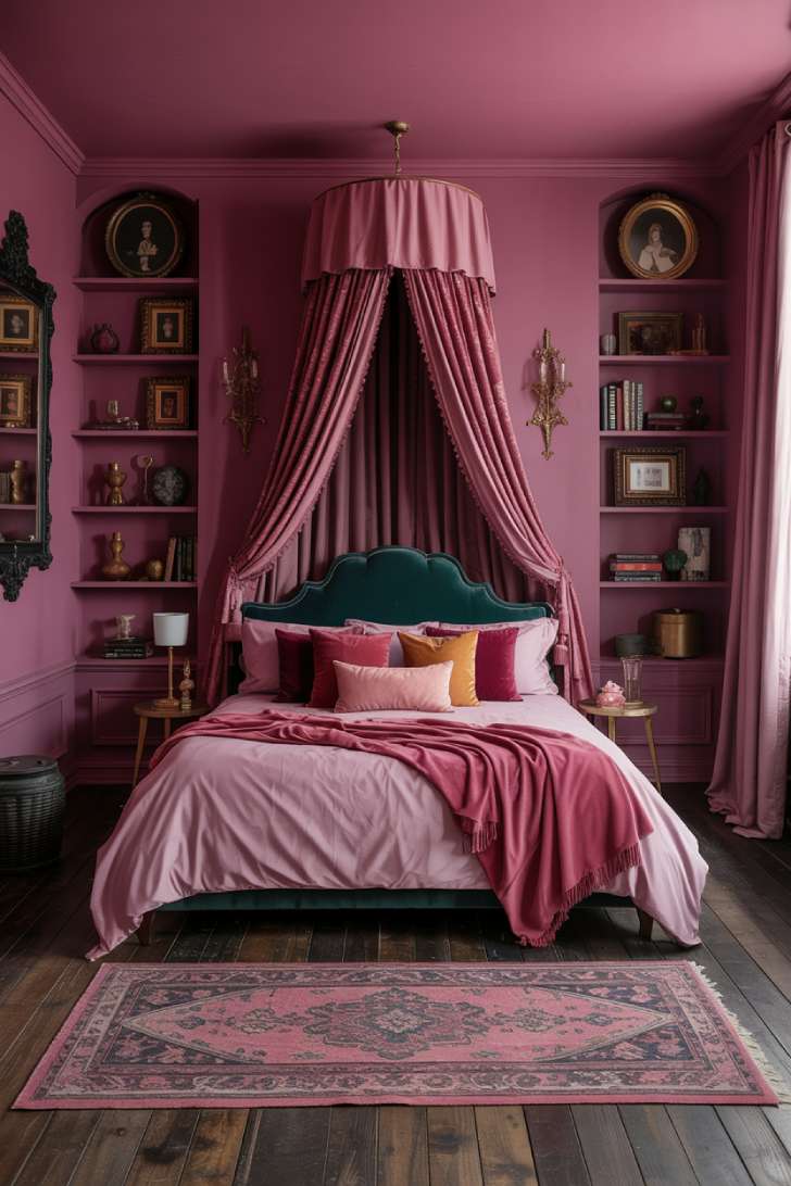 Moody pink maximalist bedroom with magenta walls, velvet canopy bed, dark bookshelves, and Persian rug