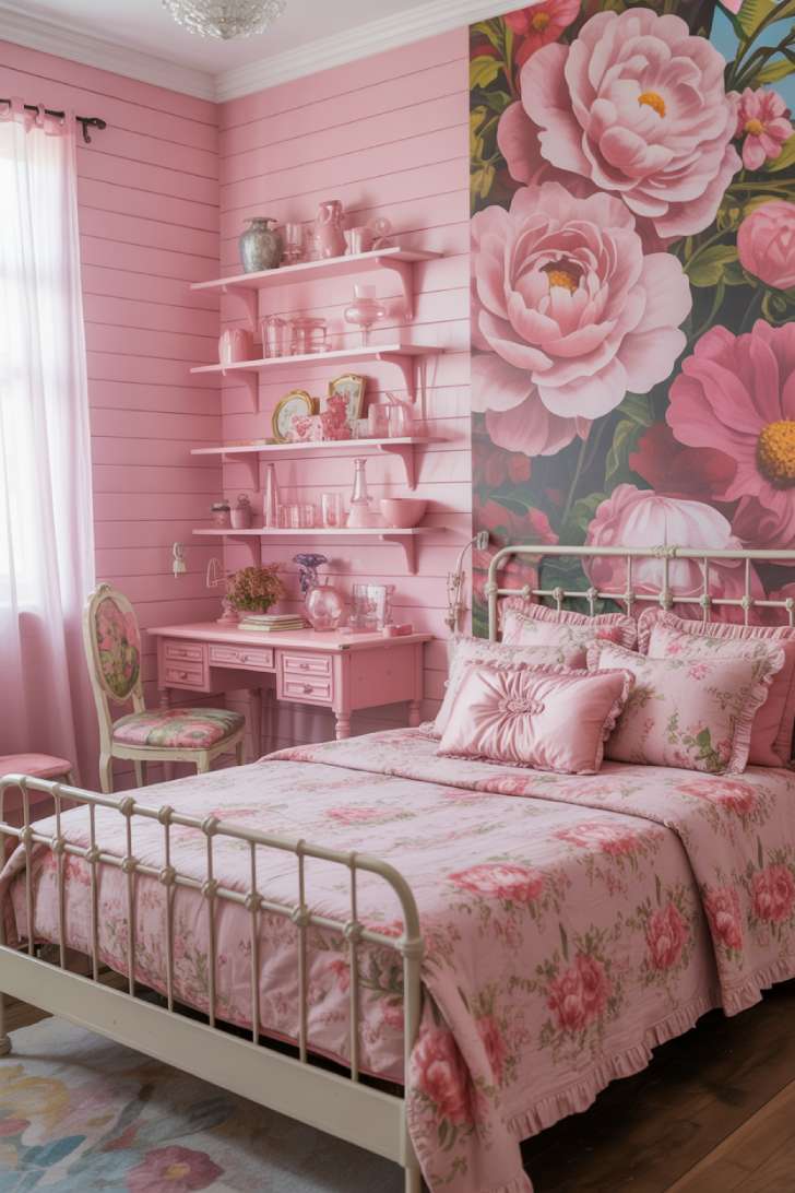 Whimsical pink maximalist bedroom with floral wall mural, white iron bed, vintage pink furniture, and open display shelves