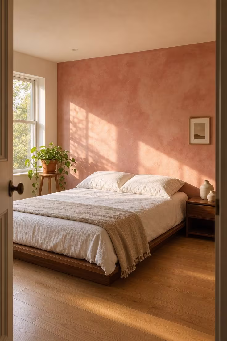 10 Charming Pink Wall Decor Ideas That Feel So Fresh 1 A bedroom with a pink limewash accent wall behind a low wooden bed dressed in white linen bedding, golden afternoon light streaming through a window.