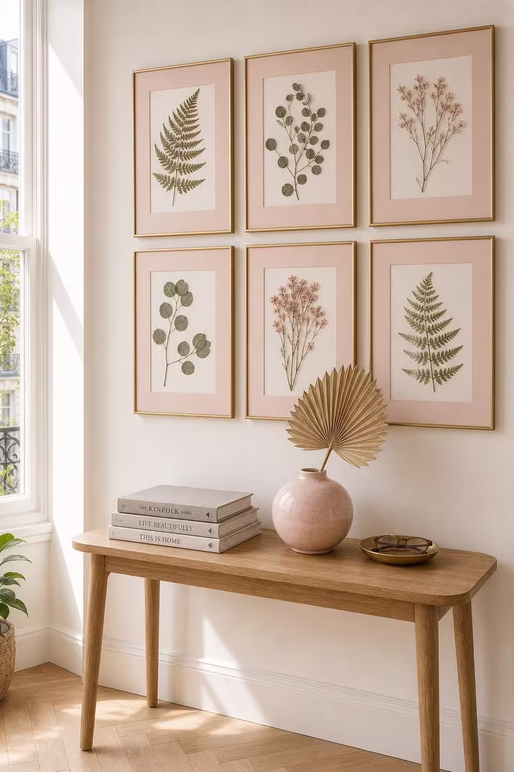 10 Charming Pink Wall Decor Ideas That Feel So Fresh 2 A grid of six botanical prints in brass frames with blush mats arranged above an oak console table with a pink ceramic vase and books.