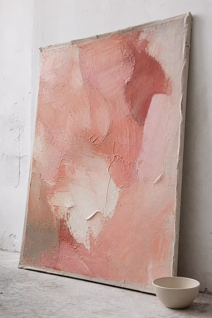 10 Charming Pink Wall Decor Ideas That Feel So Fresh 3 A salmon pink abstract painting on raw canvas leaning against a white plaster wall, with thick brushstrokes visible in soft diffused light.