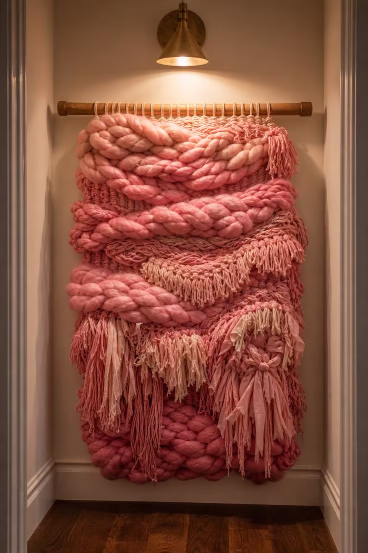 10 Charming Pink Wall Decor Ideas That Feel So Fresh 4 A hand-dyed pink wool fiber art piece in graduated rose and blush tones hanging from a wooden dowel in a hallway niche lit by a brass sconce.