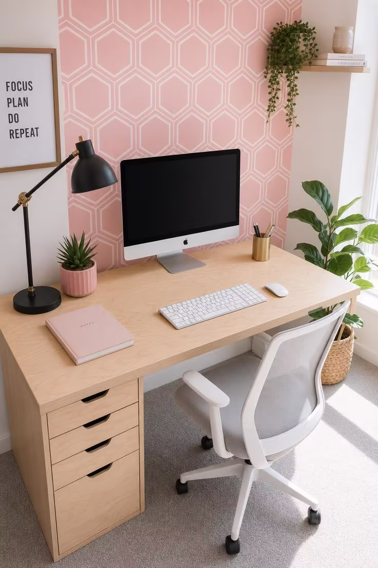 10 Charming Pink Wall Decor Ideas That Feel So Fresh 5 A home office with a pink geometric hexagonal wallpaper panel behind a birch desk with a black lamp, succulent, and brass pen holder in bright midday light.