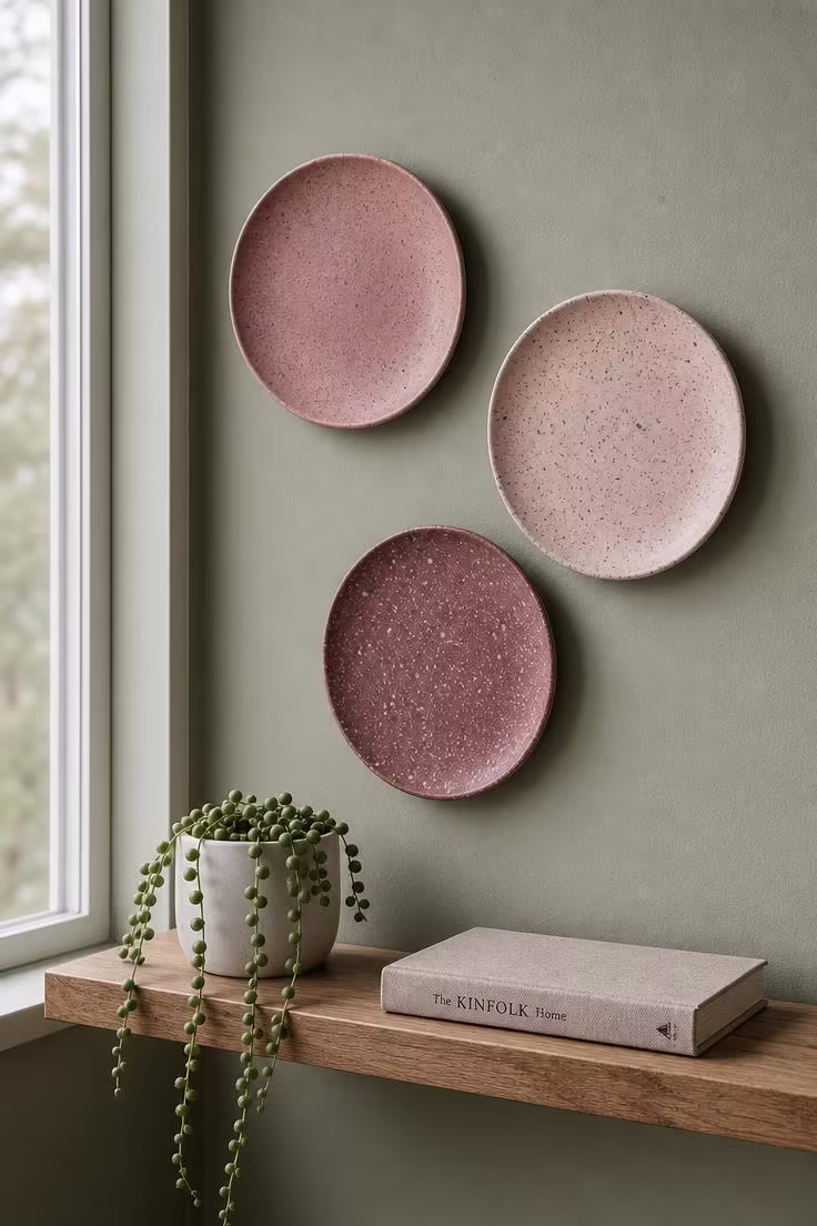 10 Charming Pink Wall Decor Ideas That Feel So Fresh 6 Three pink ceramic disc plates with speckled glazes arranged asymmetrically on a sage green wall above a floating oak shelf with a trailing plant.