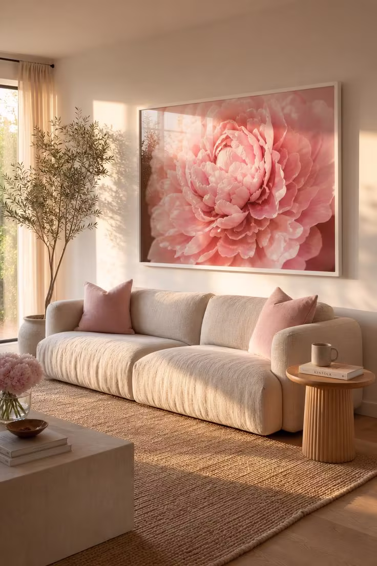 10 Charming Pink Wall Decor Ideas That Feel So Fresh 7 A large pink and white peony photographic print in a white float frame above an oatmeal linen sofa in a bright living room with golden afternoon light.
