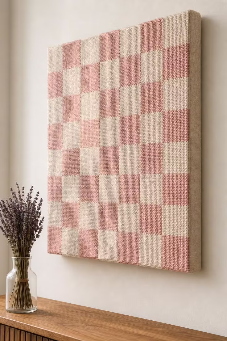 10 Charming Pink Wall Decor Ideas That Feel So Fresh 9 A woven pink and cream checkerboard wall hanging on a stretcher bar mounted on a white wall, with close-up texture detail in soft diffused light.