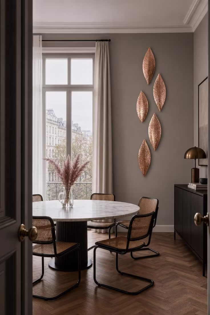 10 Charming Pink Wall Decor Ideas That Feel So Fresh 10 Five rose gold metal leaf wall panels arranged in a staggered vertical column on a grey wall beside a round white marble dining table with cane-backed chairs.
