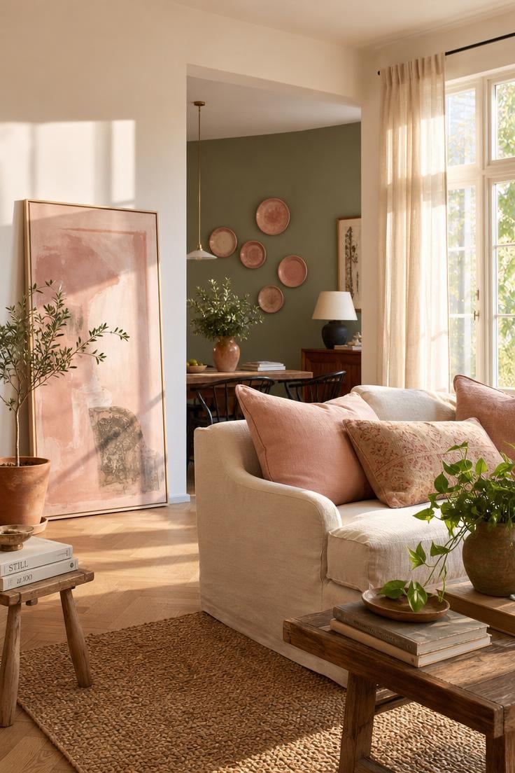 Simple Spaces 13 A bright airy living room with pink wall decor elements including a blush abstract painting, pink ceramic plates, and blush throw pillows in warm golden-hour light.