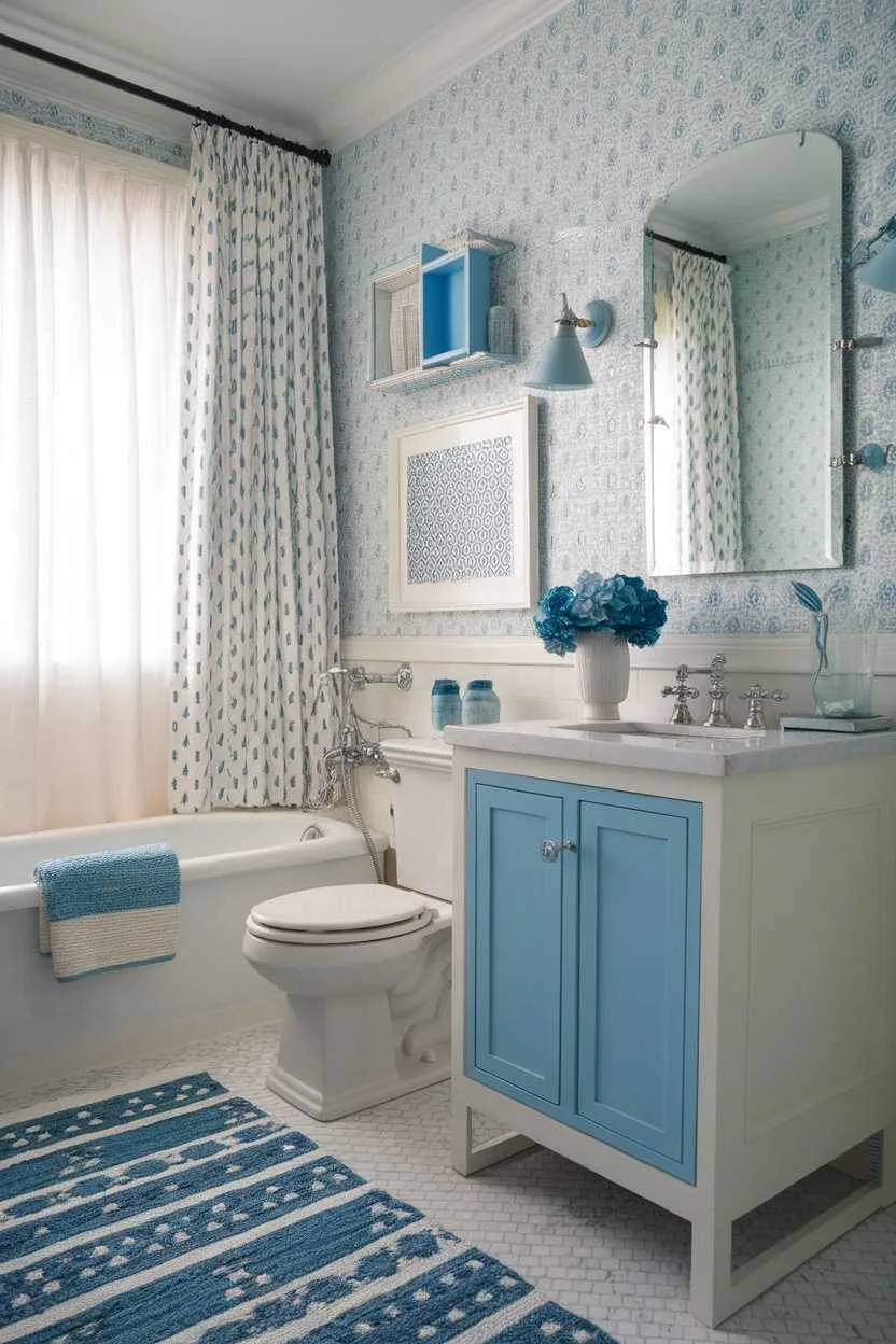 14 Light Blue Bathroom Ideas to Inspire Your Space 9 A light blue themed bathroom featuring patterned walls, blue decor, and a stylish layout.