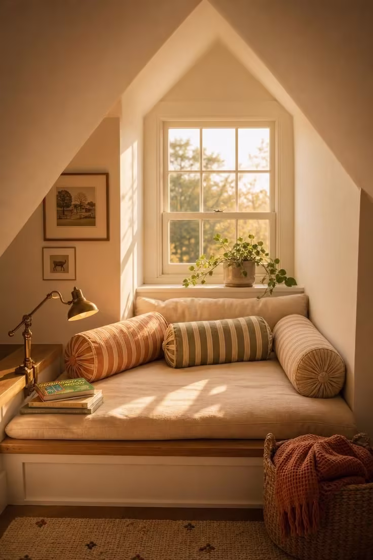 11 Inviting Playroom Reading Nook Ideas Kids Will Love 1 Cushioned dormer platform with striped roll pillows and a brass clip-on lamp bathed in warm afternoon light