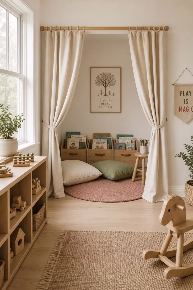 11 Inviting Playroom Reading Nook Ideas Kids Will Love 2 Canvas drop-cloth curtain alcove with floor-level book bins and linen floor cushions in soft diffused light