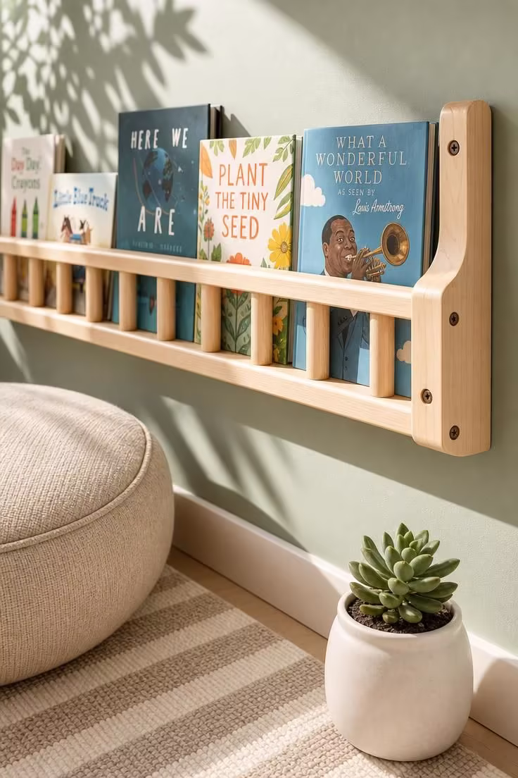 11 Inviting Playroom Reading Nook Ideas Kids Will Love 3 Repurposed crib rail bookshelf displaying picture books beside a low linen pouf in bright midday light