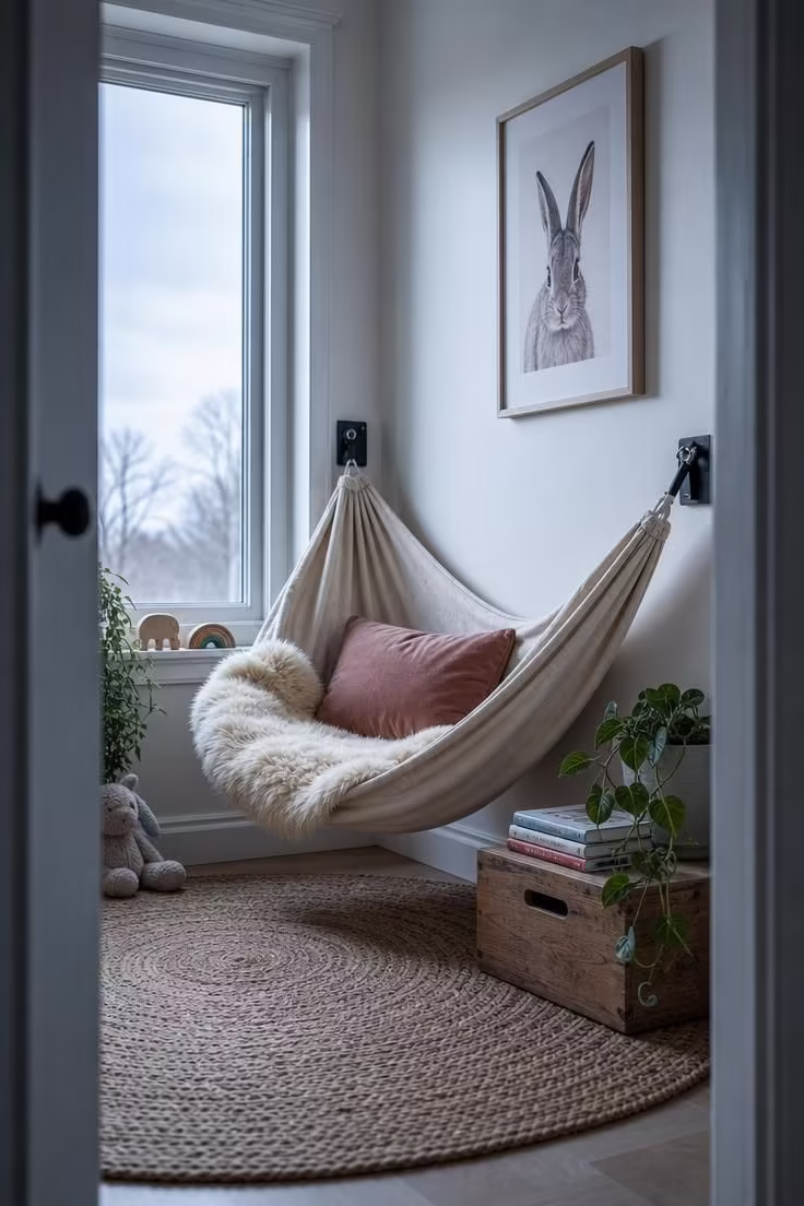11 Inviting Playroom Reading Nook Ideas Kids Will Love 5 Hanging cotton canvas hammock between wall brackets with a sheepskin throw in cool overcast light
