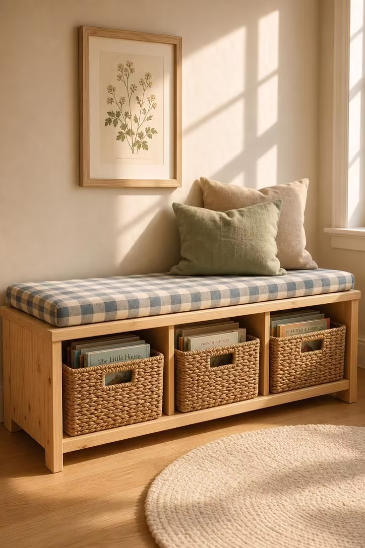 11 Inviting Playroom Reading Nook Ideas Kids Will Love 6 Low pine bench with woven seagrass basket drawers and a gingham seat pad in warm golden light