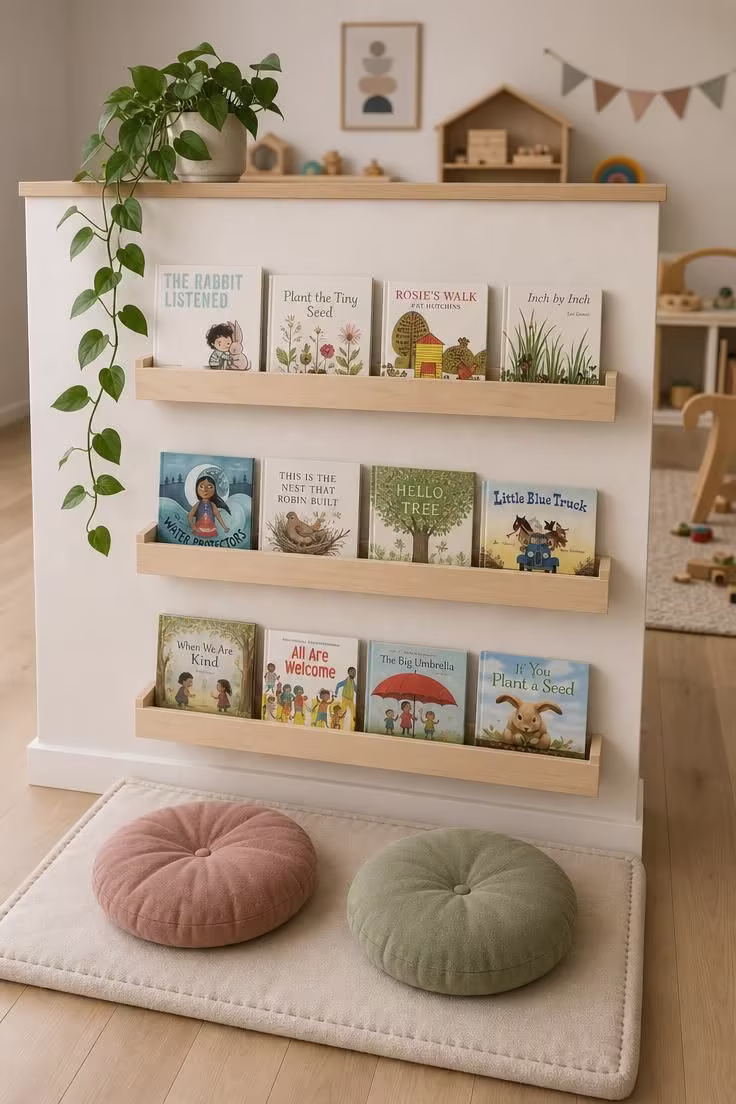 11 Inviting Playroom Reading Nook Ideas Kids Will Love 7 Tiered floating book ledges on a half-wall divider with a cotton floor mat and round cushions in soft diffused light