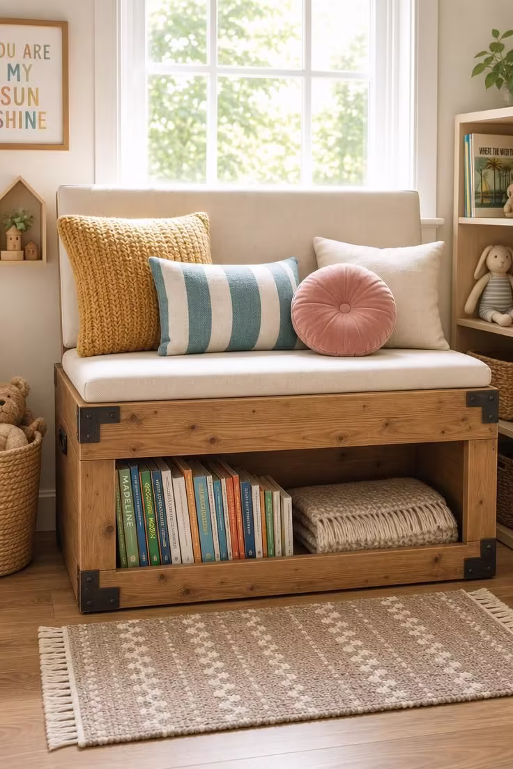 11 Inviting Playroom Reading Nook Ideas Kids Will Love 8 Converted pine toy chest with hinged backrest and stacked throw pillows in bright midday light
