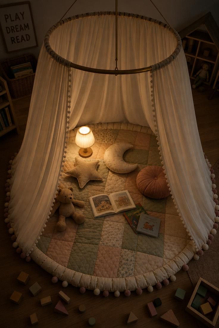 11 Inviting Playroom Reading Nook Ideas Kids Will Love 9 Ceiling-ring canopy with pom-pom trim over a quilted patchwork play mat in moody low ambient light