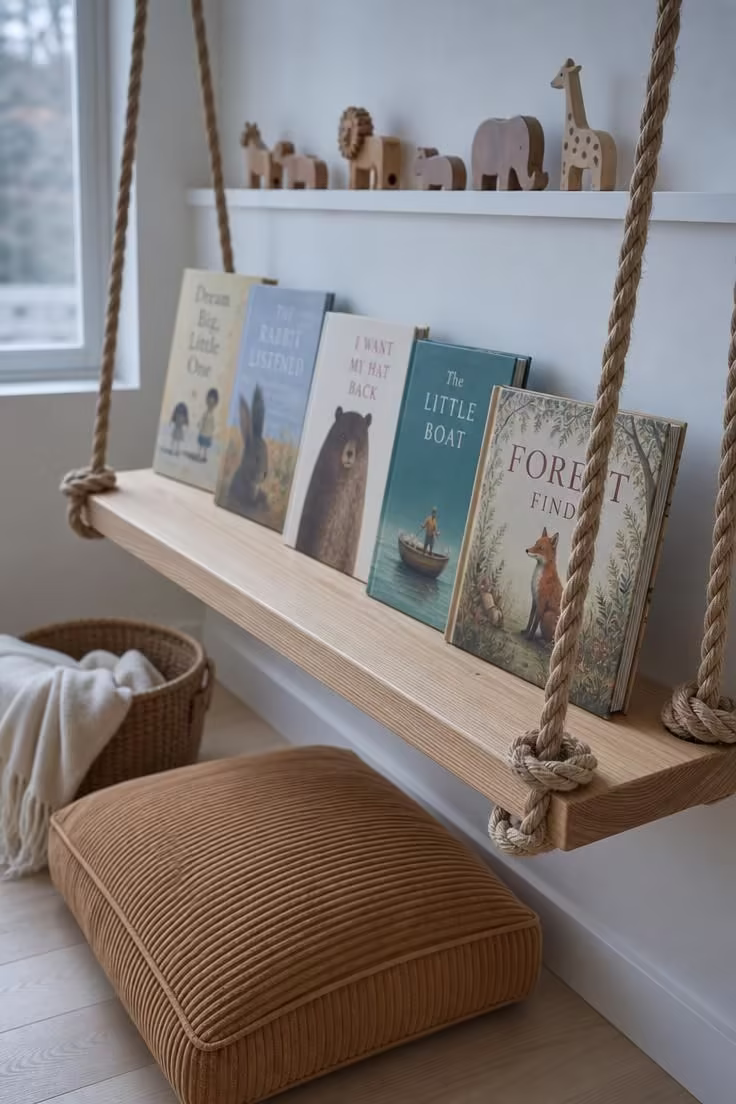 11 Inviting Playroom Reading Nook Ideas Kids Will Love 10 Rope-hung wooden swing shelf displaying picture books above a caramel corduroy floor cushion in cool overcast light