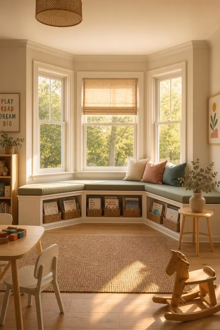 11 Inviting Playroom Reading Nook Ideas Kids Will Love 11 Bay window banquette with front-facing book cubbies and a linen Roman shade in warm golden afternoon light