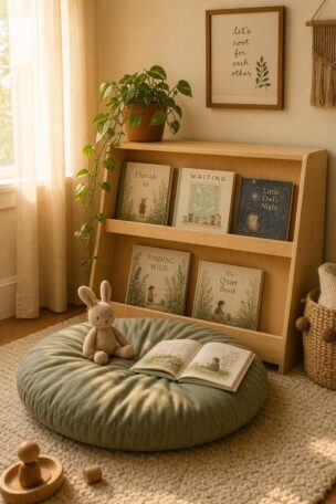 Cozy playroom reading nook with a birch book shelf, sage floor cushion, and warm golden afternoon light filtering through linen curtains