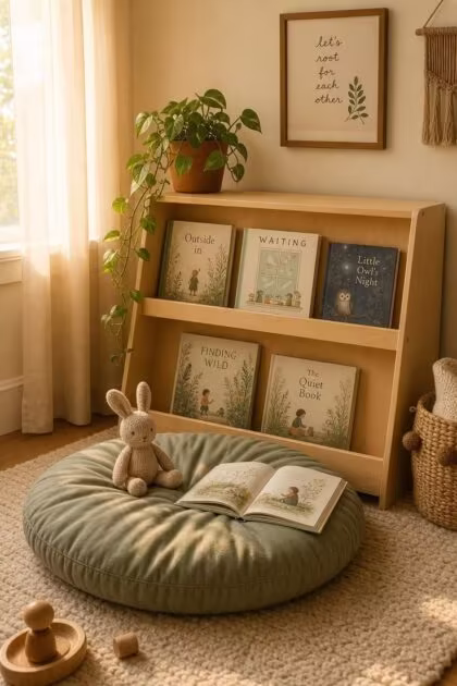 11 Inviting Playroom Reading Nook Ideas Kids Will Love Cozy playroom reading nook with a birch book shelf, sage floor cushion, and warm golden afternoon light filtering through linen curtains