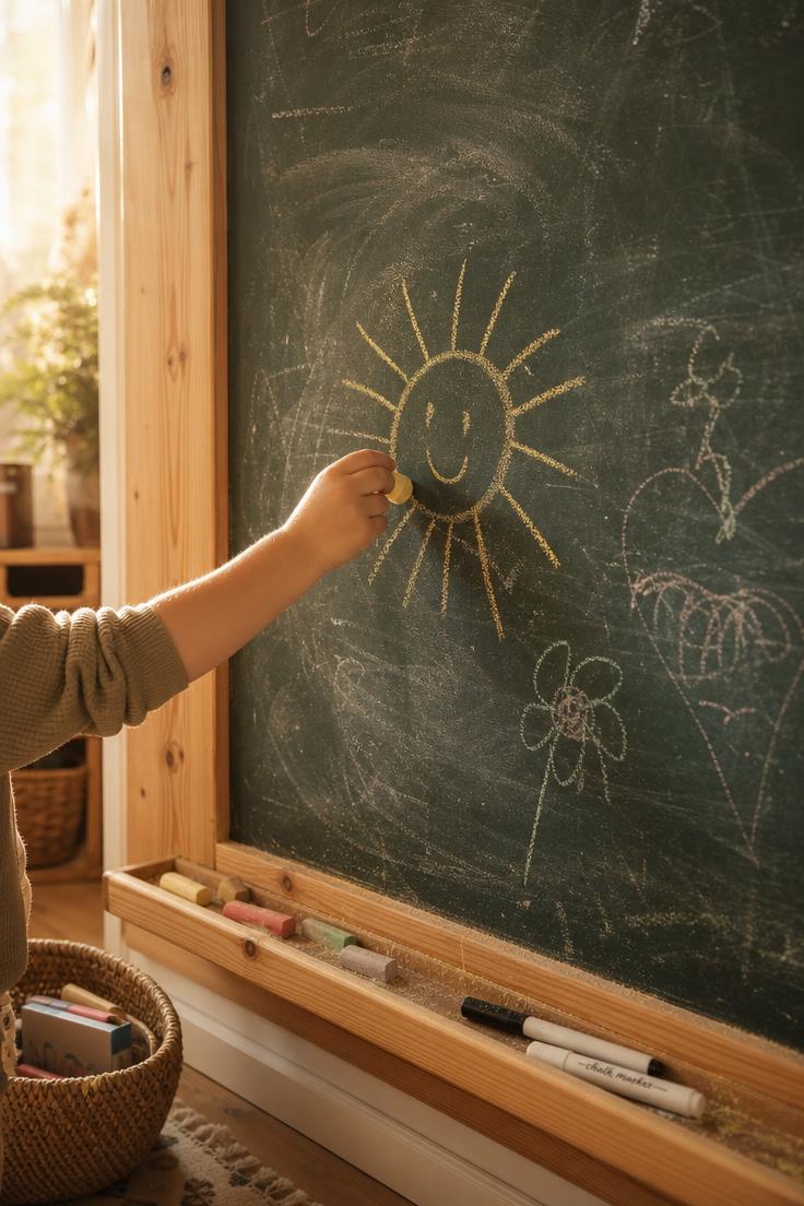 11 Cheerful Playroom Wall Decor Ideas Your Kids Will Love 1 Child drawing with yellow chalk on a dark green chalkboard accent wall framed by pine molding in a warm, sunlit playroom.