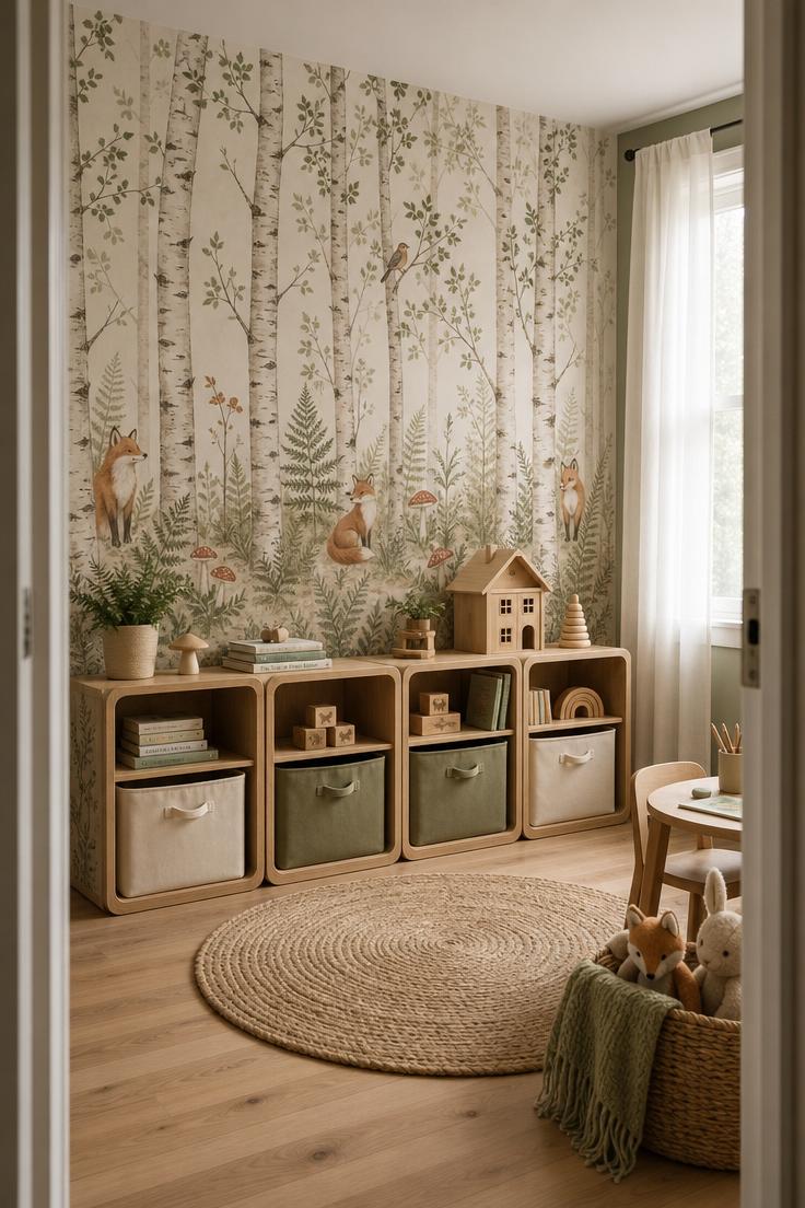 11 Cheerful Playroom Wall Decor Ideas Your Kids Will Love 2 Woodland peel-and-stick mural with birch trees and foxes behind low oak cubbies in a softly lit playroom.