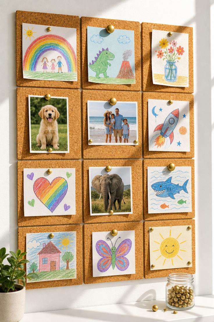 11 Cheerful Playroom Wall Decor Ideas Your Kids Will Love 3 Grid of natural cork tiles with brass push pins holding children's artwork on a bright white playroom wall.