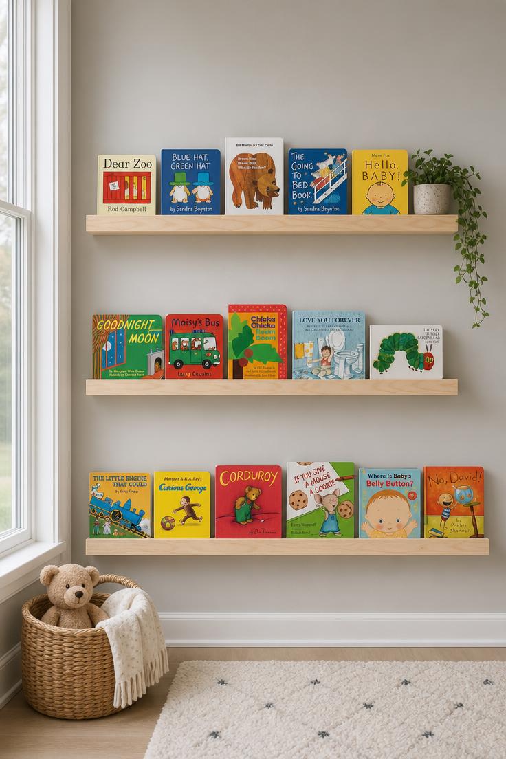 11 Cheerful Playroom Wall Decor Ideas Your Kids Will Love 4 Three floating birch ledge shelves on a gray wall holding board books with colorful covers facing outward in a calm playroom.