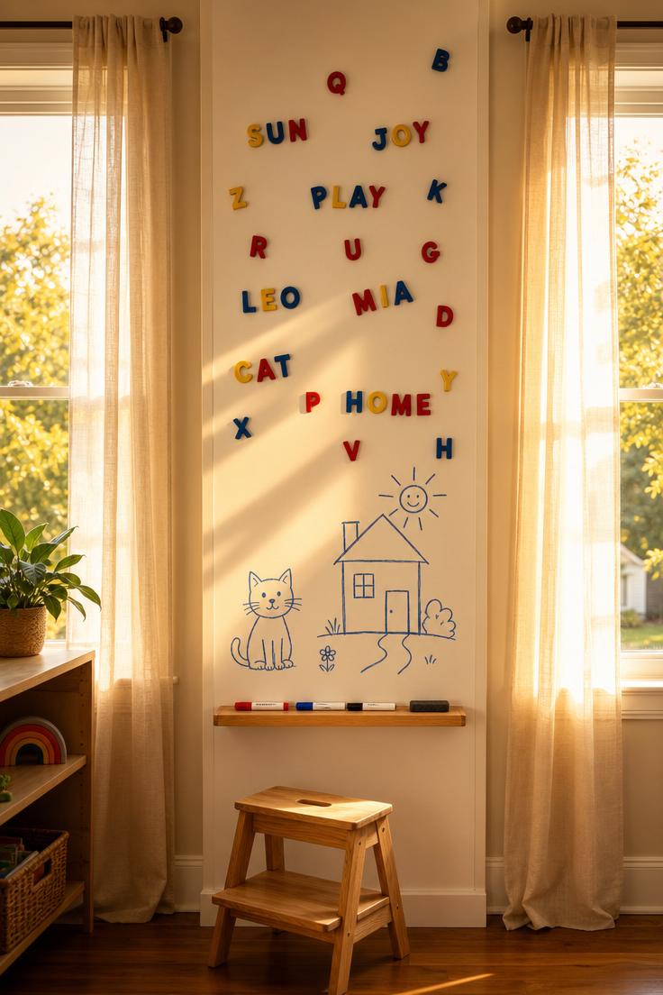 11 Cheerful Playroom Wall Decor Ideas Your Kids Will Love 5 Tall magnetic whiteboard panel between two sunlit windows with alphabet magnets and child's marker drawings in a warm playroom.