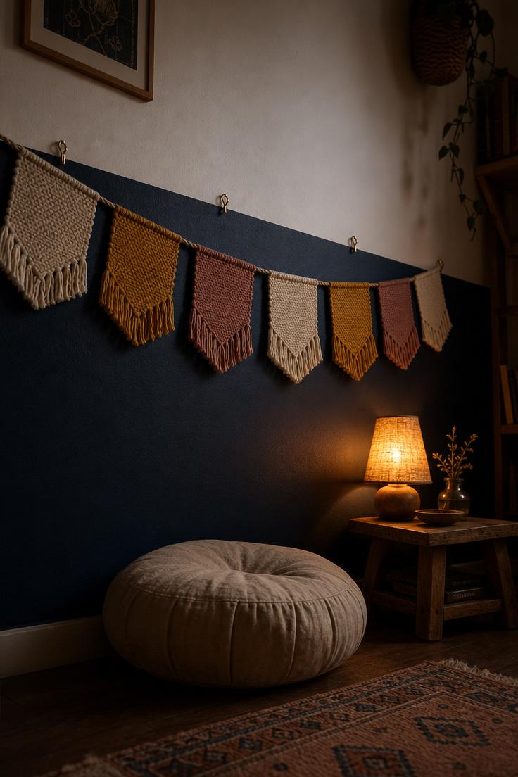 11 Cheerful Playroom Wall Decor Ideas Your Kids Will Love 6 Woven cotton pennant garland in cream, mustard, and dusty rose draped along the divide of a half-painted navy wall in a moody playroom corner.
