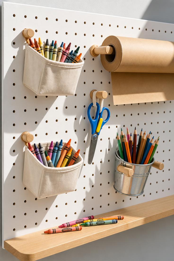 11 Cheerful Playroom Wall Decor Ideas Your Kids Will Love 7 Close-up of a white pegboard organizer with maple dowel hooks holding canvas bins of crayons and art supplies in a bright playroom.