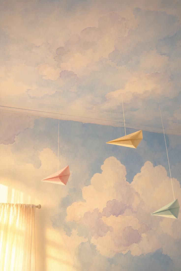 11 Cheerful Playroom Wall Decor Ideas Your Kids Will Love 8 Hand-painted watercolor cloud mural blending from a pale blue wall onto the ceiling with hanging pastel paper airplanes in a playroom.