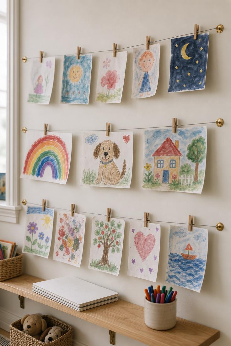 11 Cheerful Playroom Wall Decor Ideas Your Kids Will Love 9 Three horizontal wire lines with mini wooden clothespins holding children's paintings and drawings on a pale white playroom wall.