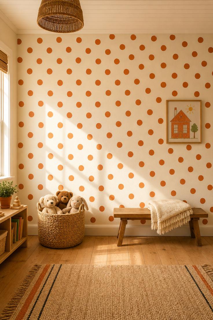 11 Cheerful Playroom Wall Decor Ideas Your Kids Will Love 10 Full playroom wall with hand-stenciled terracotta polka dots on cream, with a woven basket of toys and a low wooden bench below.