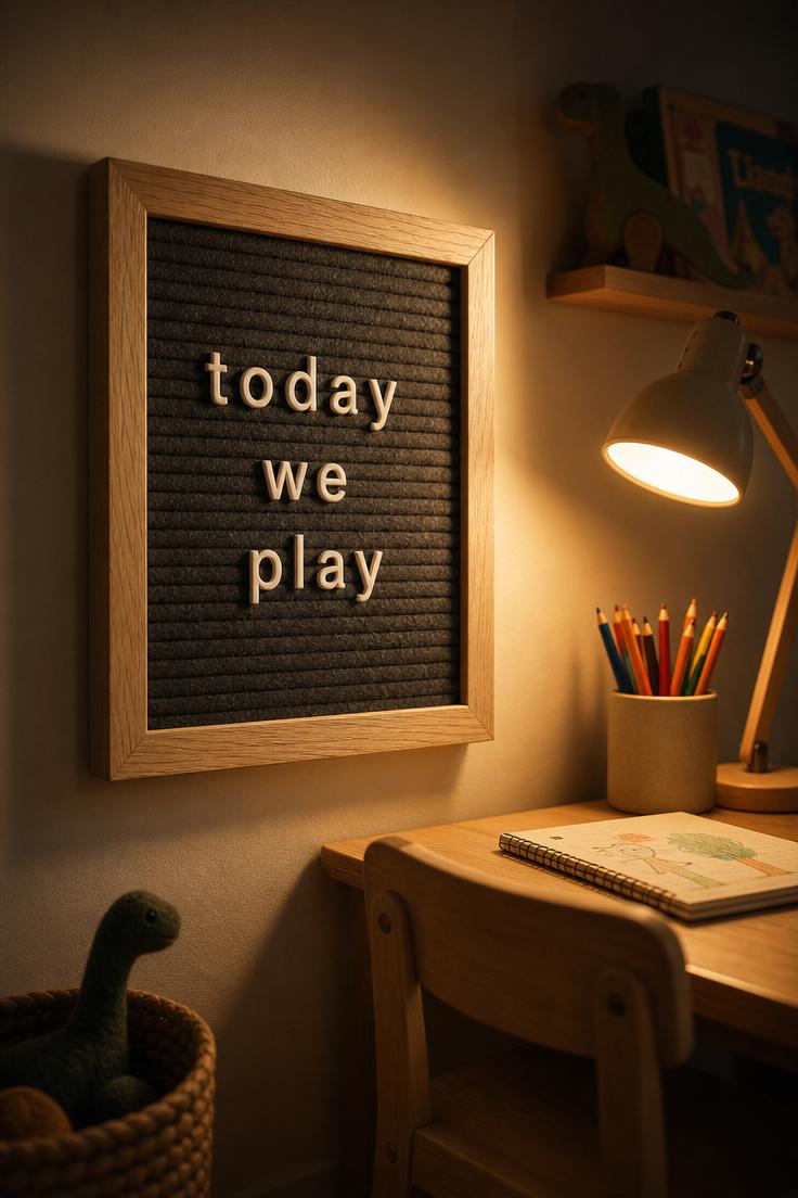 11 Cheerful Playroom Wall Decor Ideas Your Kids Will Love 11 Dark gray felt letter board in a white oak frame beside a small wooden desk with a reading lamp casting warm light in a cozy playroom corner.